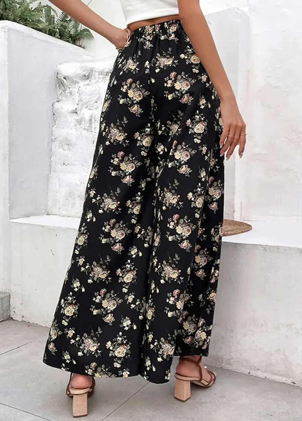 Black Split Ditsy Floral Print Flare Leg Pants