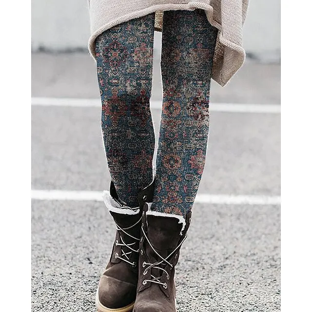 Women's Fleece Lined Leggings Warm Paisley Winter Leggings Tummy Control Butt Lift Ankle-Length Daily Fashion Tights Skinny Red Navy Blue Mid Waist Micro-elastic Winter