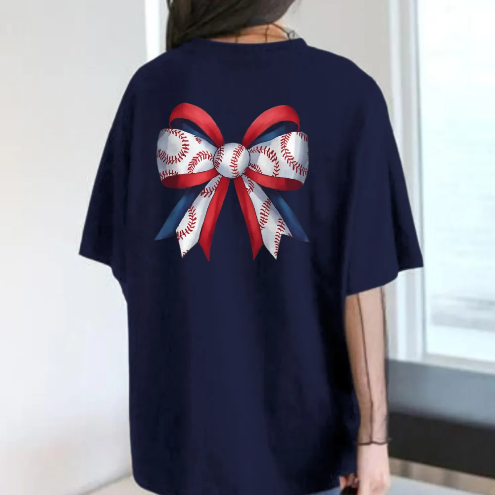 A Red, White And Blue Bow With A Baseball Stitch Pattern Printed On The White Part, A Casual T-Shirt.