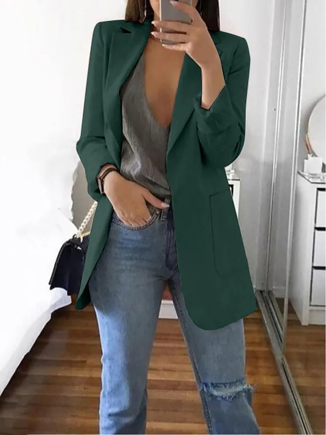 Women's Blazer Casual Pocket Clean Fit Formal Outdoor Daily Wear Polyester Spring Wine Green Black Open Front V Neck Regular Fit S M L XL XXL 3XL / Solid Color