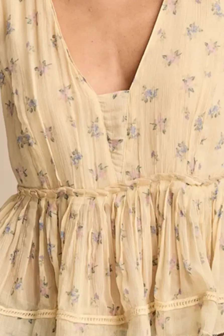 Cream Floral Printed Ruched Ruffle V Neck
