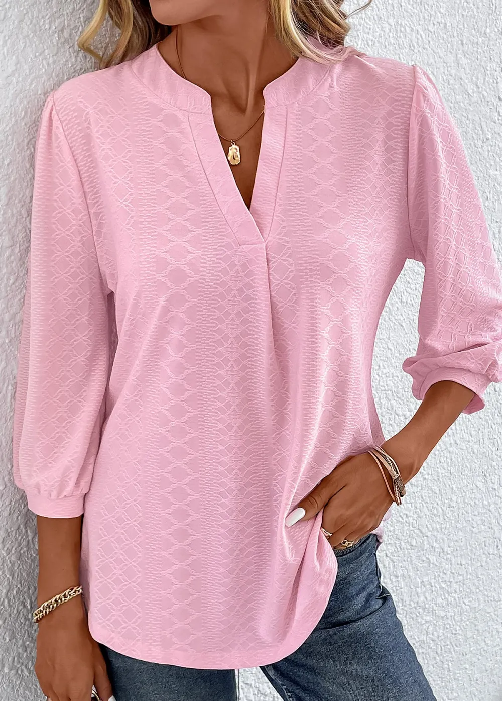 Pink Ruched Three Quarter Length Sleeve T Shirt