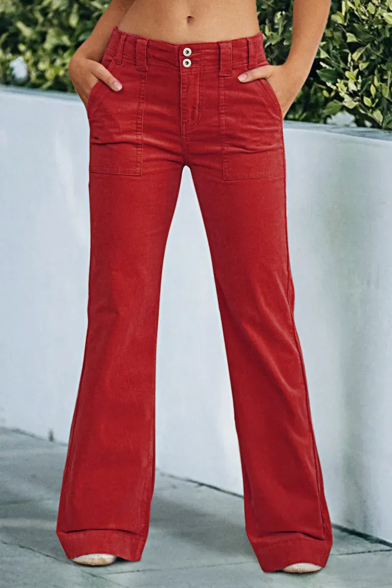 Corduroy Dual Button Zip Fly Low Waist Flare Pants