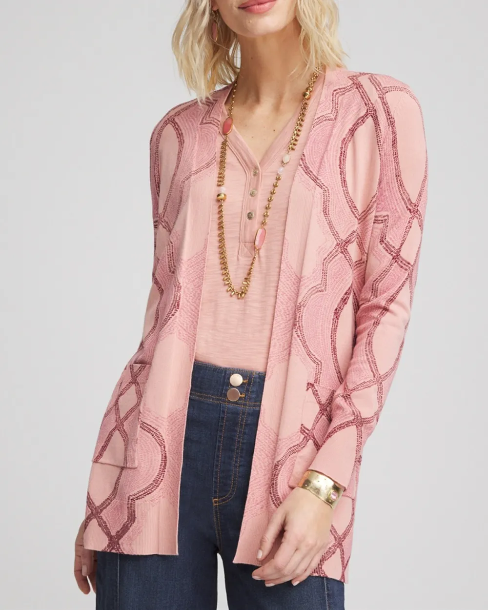 Pink Open Front Long Sleeve Cardigan