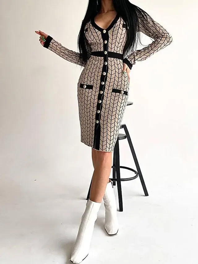 Women's Sweater Dress Jumper Dress Winter Dress Midi Dress Daily Casual Plaid Outdoor Home Casual Daily V Neck Long Sleeve Button 2023 Regular Fit Black khaki One Size