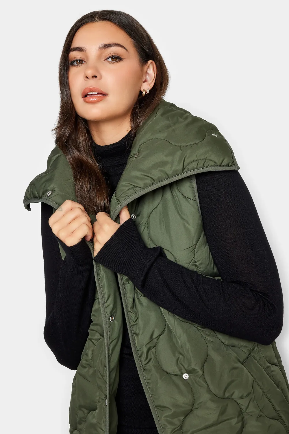 LTS Tall Olive Green Funnel Neck Quilted Longline Gilet