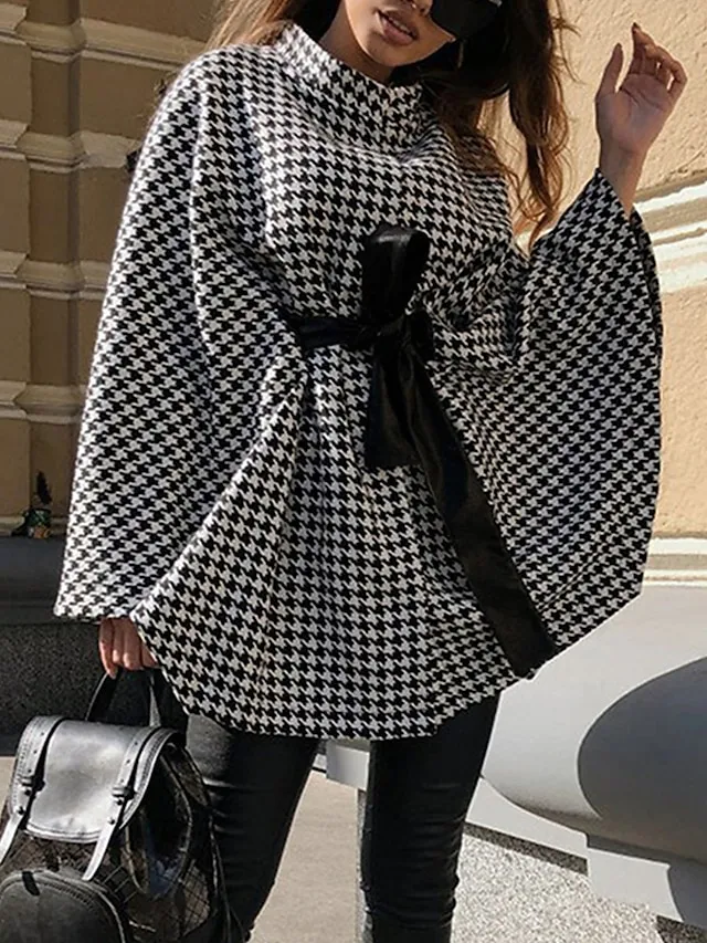 Women's Coat Cloak / Capes Winter Houndstooth Overcoat Fall Long Pea Coat with Belt Elegant Stand Collar Street Daily Wear Fashion Daily Casual Outerwear Long Sleeve Black