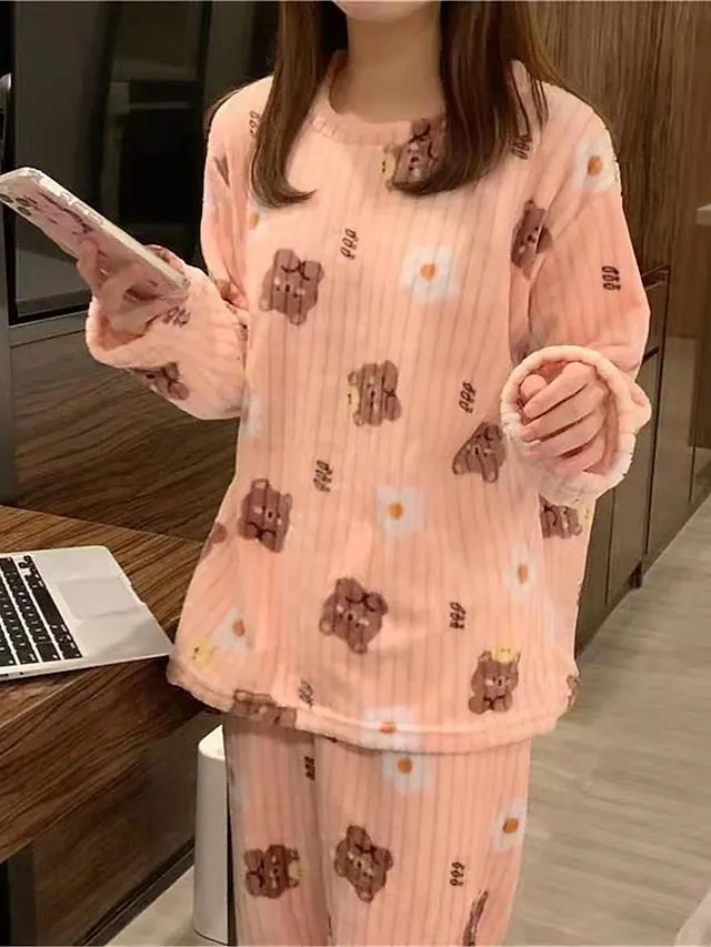 Women's Fleece Coral Pajamas Sets Cartoon Fruit Fashion Plush Casual Home Daily Bed Coral Breathable Crew Neck Long Sleeve Pant Summer Fall Lotus Pink Black