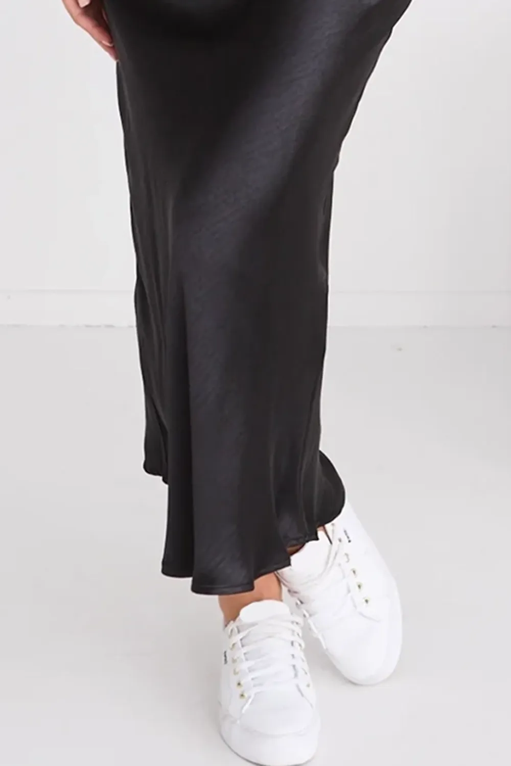 Black Satin Bias Midi Skirt