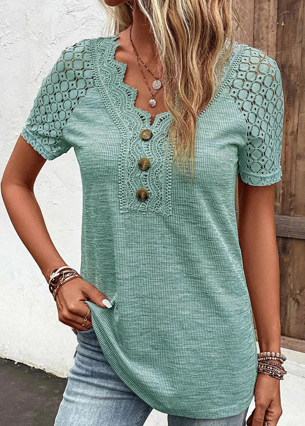 Green Lace Short Sleeve V Neck T Shirt