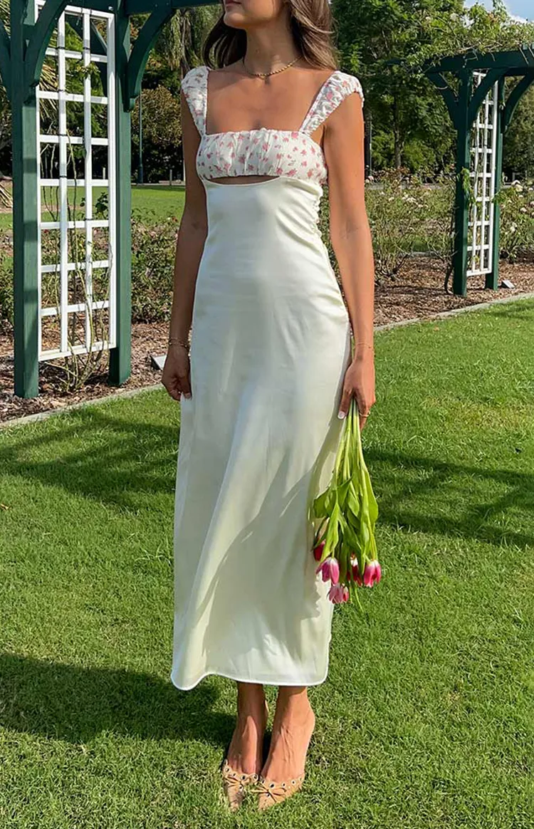 Cream Satin Square Neck Maxi Dress