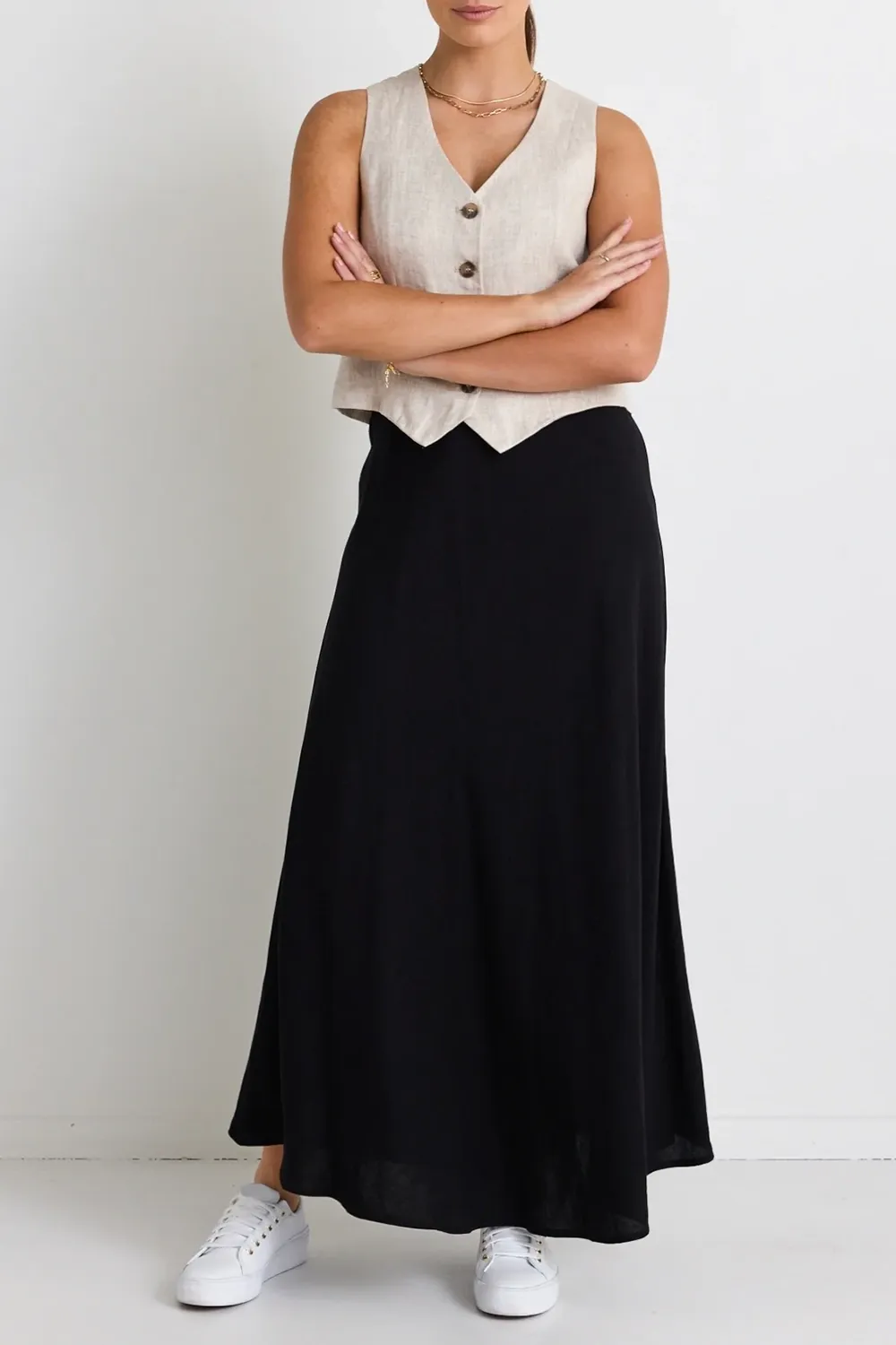 Linen Black Floaty Bias Cut Maxi Skirt