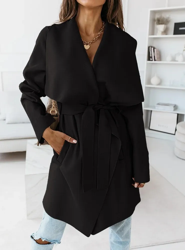Solid Front Belt Long Sleeve Coat