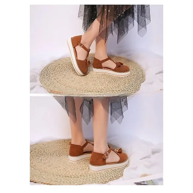 Women's Sandals Platform Sandals Plus Size Outdoor Daily Walking Summer Tassel Platform Flat Heel Round Toe Closed Toe Vintage Casual Faux Leather Synthetics Buckle Solid Color Solid Colored Black