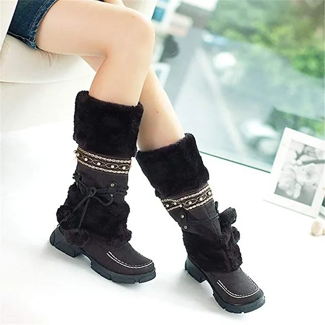 Women's Boots Snow Boots Plus Size Outdoor Daily Fleece Lined Knee High Boots Winter Bowknot Pom-pom Chunky Heel Round Toe Casual Industrial Style PU Lace-up Black Purple Brown