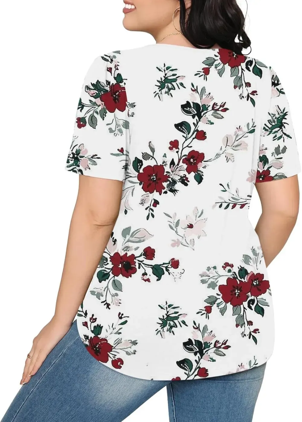 Womens Summer Pleated Front Shirts Tunics Casual Short Sleeved Loose Round Neck Boho Printed Tops Vacation Blouse