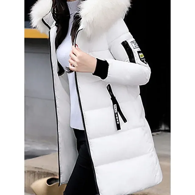 Women's Parka Long Puffer Jacket Windproof Thermal Warm Heated Coat with Pockets Winter Coat with Fur Collar Hood Long Sleeve Full Zip Black White Pink