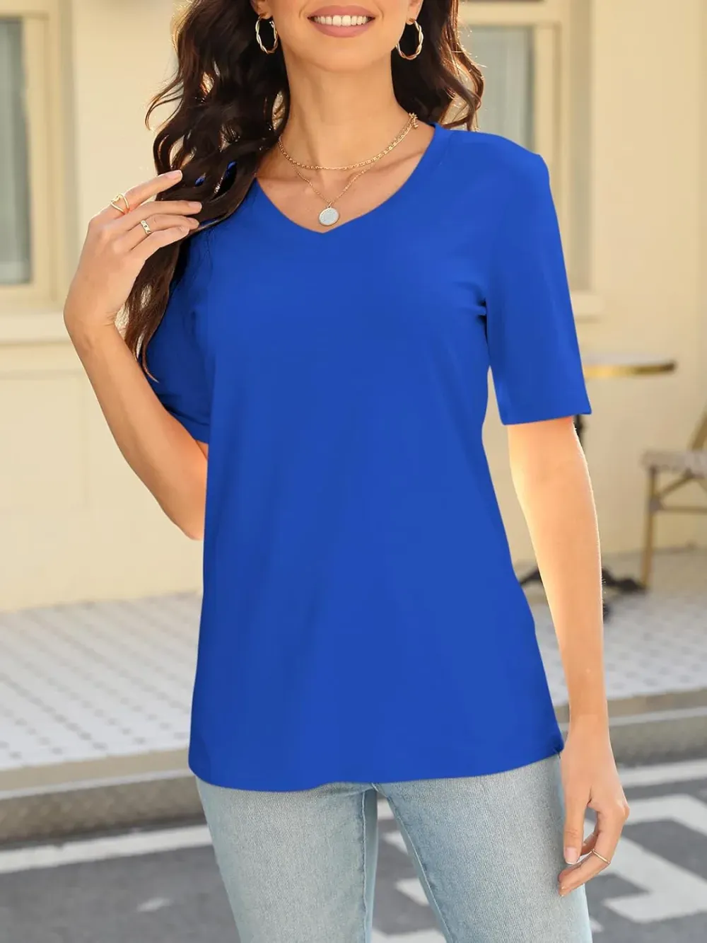 ORANDESIGNE Women's Color Block Short Sleeve T Shirts Casual V Neck Summer Tops Tees Loose Fit Blouses
