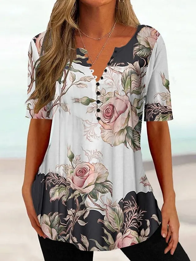 Women's T shirt Tee Black White Navy Blue Floral Button Print Short Sleeve Holiday Weekend Tunic Basic Round Neck Regular Fit Floral Painting