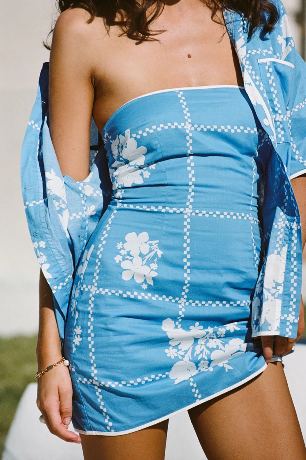 Strapless Checkered Floral Print Mini Dress