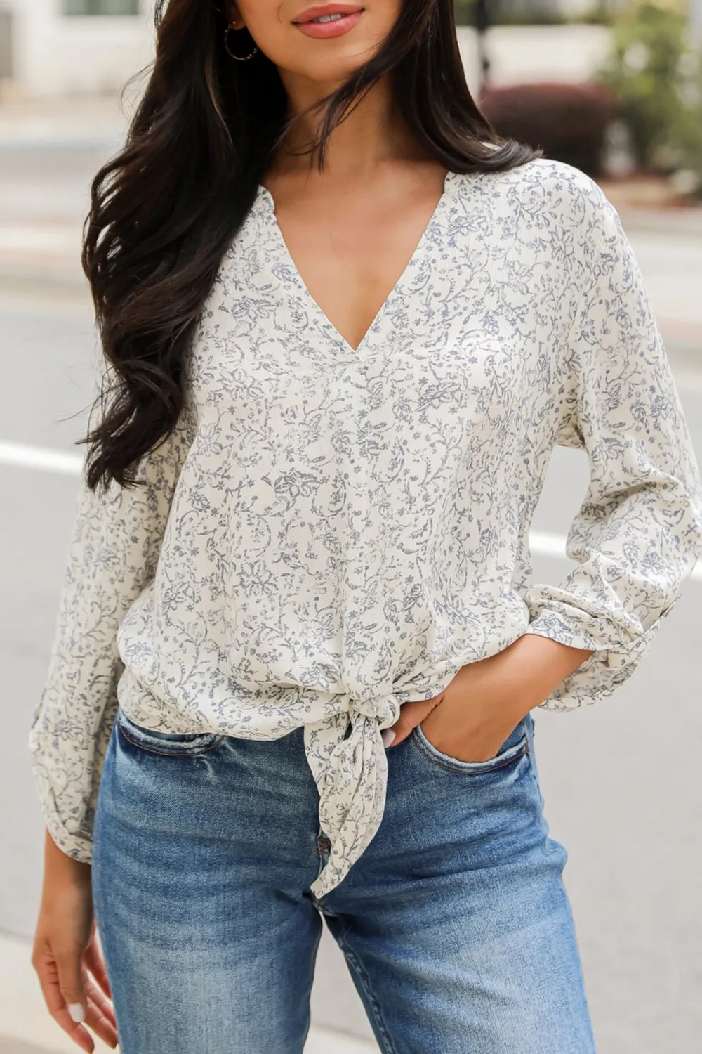 Decadently Sweet Cream Floral Tie-Front Blouse