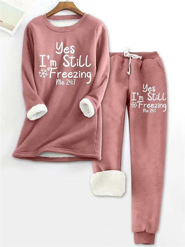 Women's Fleece Pajama Sets Lounge Sets Letter Warm Comfort Soft Home Daily Bed Fleece Warm Breathable Crew Neck Long Sleeve Pullover Pant Elastic Waist Fall Winter Pink