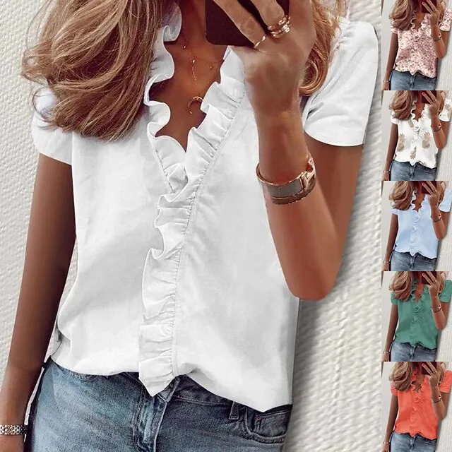 Women‘s Blouse T shirt Basic Lettuce Trim Plain Daily V Neck T-shirt Sleeve Regular Spring &  Fall Light Khaki. Green Blue White Pink