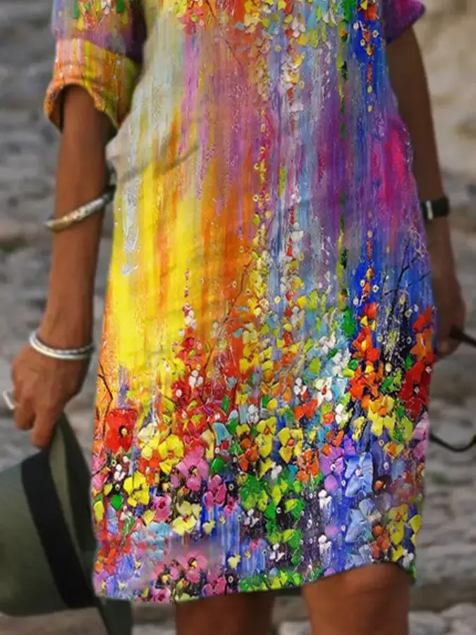 V Neck Vintage Flower Oil Painting Gradient Print Dress