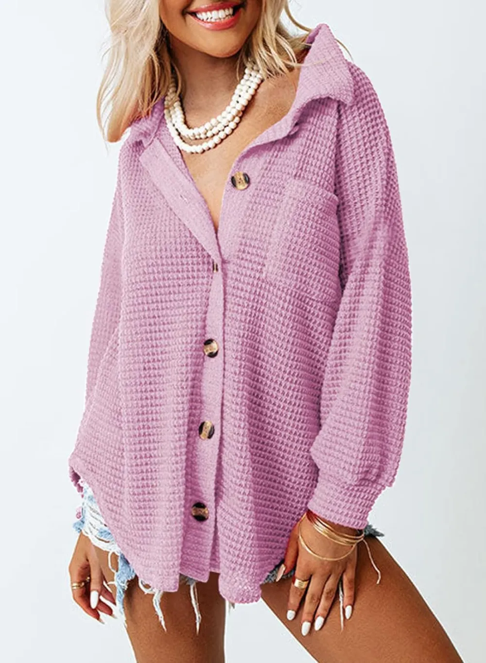 Womens Waffle Knit Button Down Shirts Casual Long Sleeve Shacket Jacket Boyfriend Tops Blouses Loose Fit