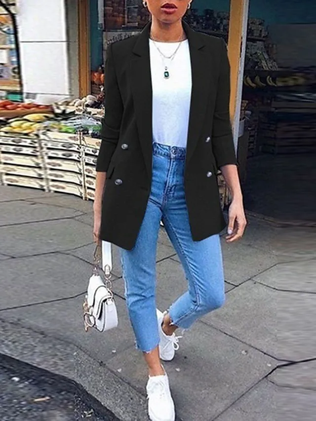 Women's Blazer Solid Color Classic Work Long Sleeve  Casual Work Office Open Front Blazer Jacket Cardigan Solid Color with Pockets