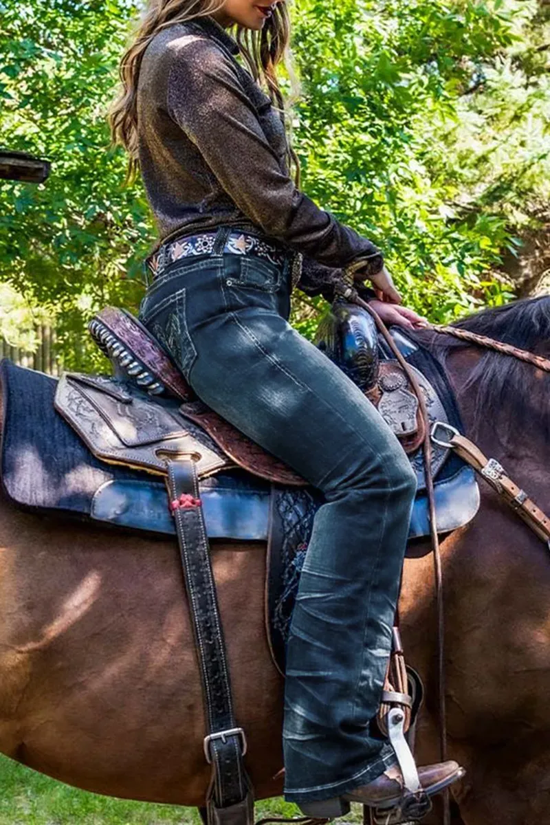 Mid Waist Pocket Straight Leg Jeans