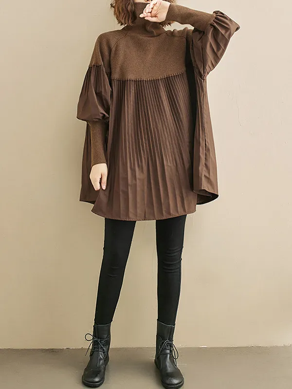 Knitting Pleats Split-Joint High-Neck Pullover Top