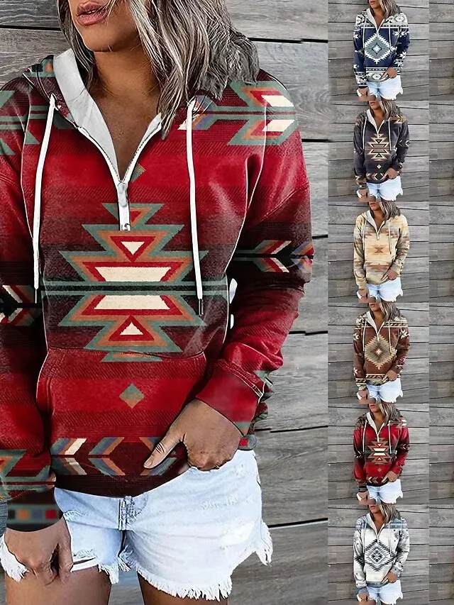 Women's Hoodie Sweatshirt Pullover Vintage Sports Basic Zipper Drawstring Front Pocket Light Yellow Creamy-white smoke grey Geometric Tribal Aztecs Street Casual Hoodie Long Sleeve Top Micro-elastic