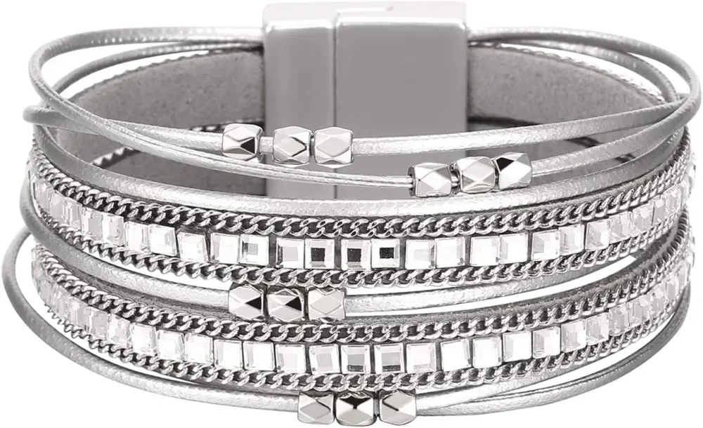 Fesciory Leather Wrap Bracelets for Women, Boho Leopard Multi-Layer Crystal Beads Cuff Bracelet Jewelry