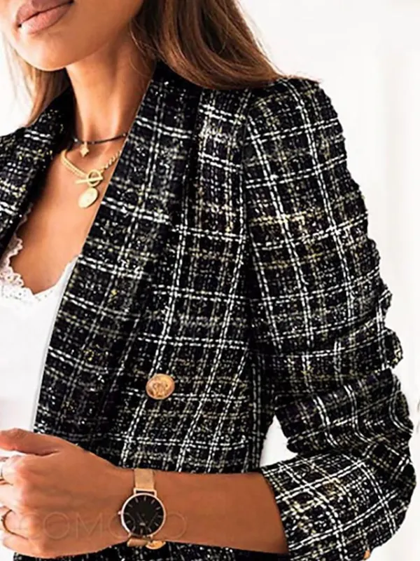 Women's Blazer Office Button Plaid Warm Fashion Regular Fit Outerwear Long Sleeve Winter Black S