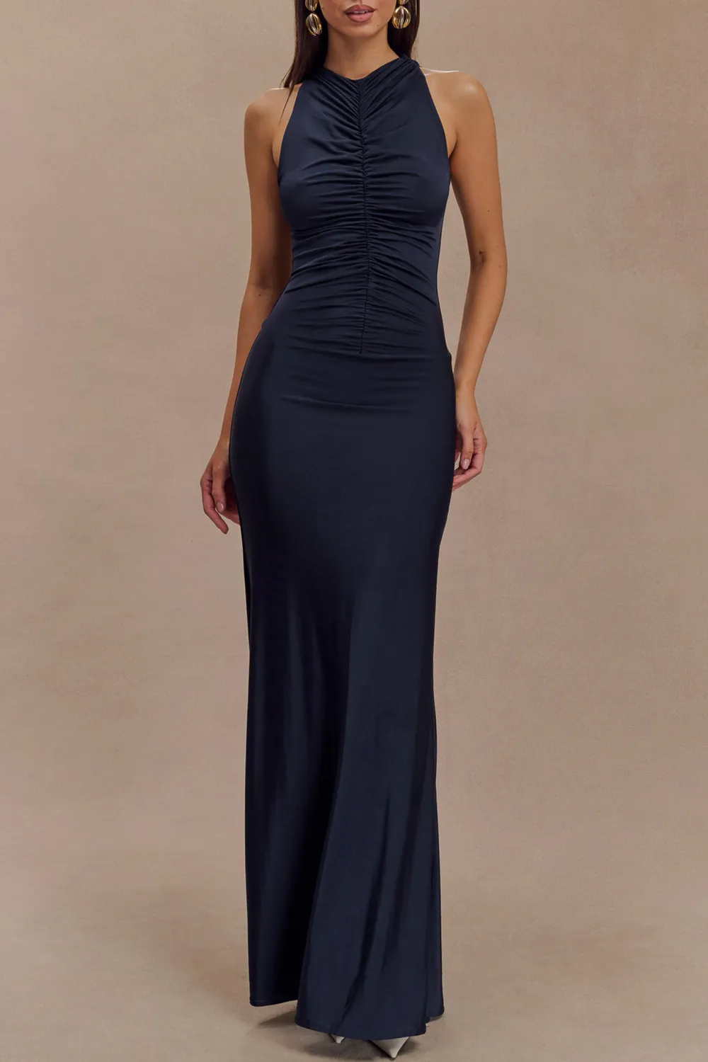 Slinky Ruched Halter Maxi Dress