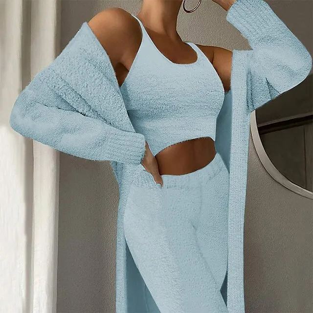 Women's Loungewear Sets Fluffy Fuzzy Sweatsuit 3 Pieces Pajama Pure Color Warm Fashion Simple Party Home Street Fleece Crew Neck Sleeveless Crop Top Pant Elastic Waist Winter Fall Black Camel