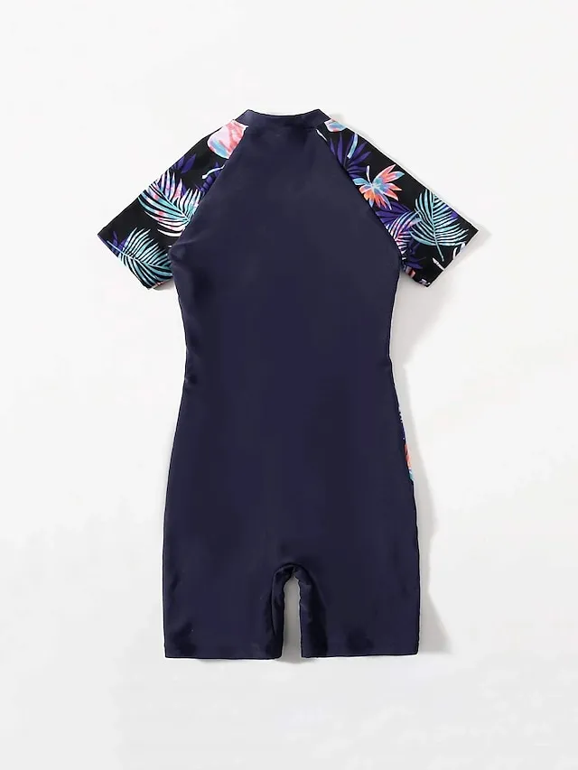 Women's Swimwear Rash Guard Diving Bathing Suits Normal Swimsuit Zipper UV Protection Modest Swimwear Tummy Control Printing Leaf Black Padded Scoop Neck Bathing Suits Sports Vacation Stylish