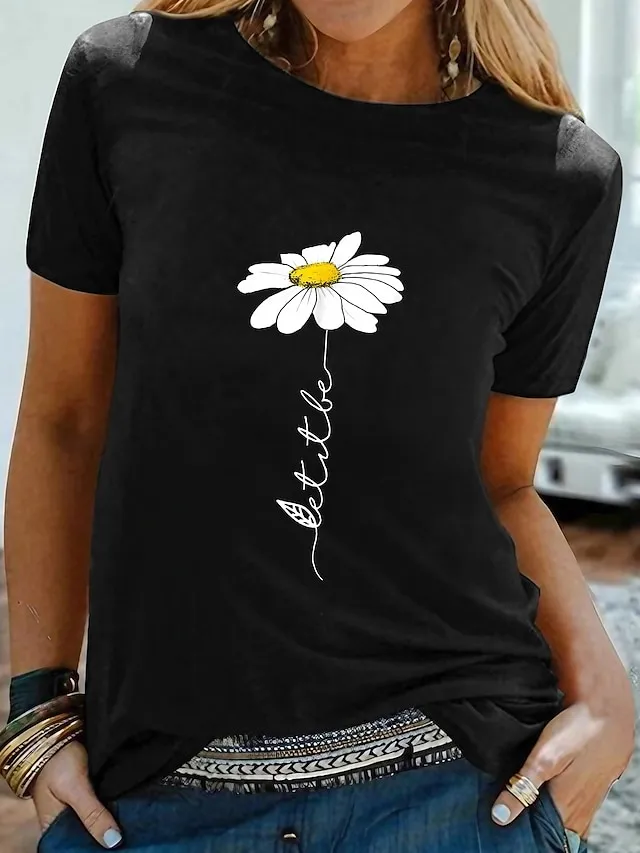 Women's T shirt Tee 100% Cotton Black White Yellow Graphic Daisy Print Short Sleeve Daily Going out Basic Round Neck Regular 100% Cotton Floral S