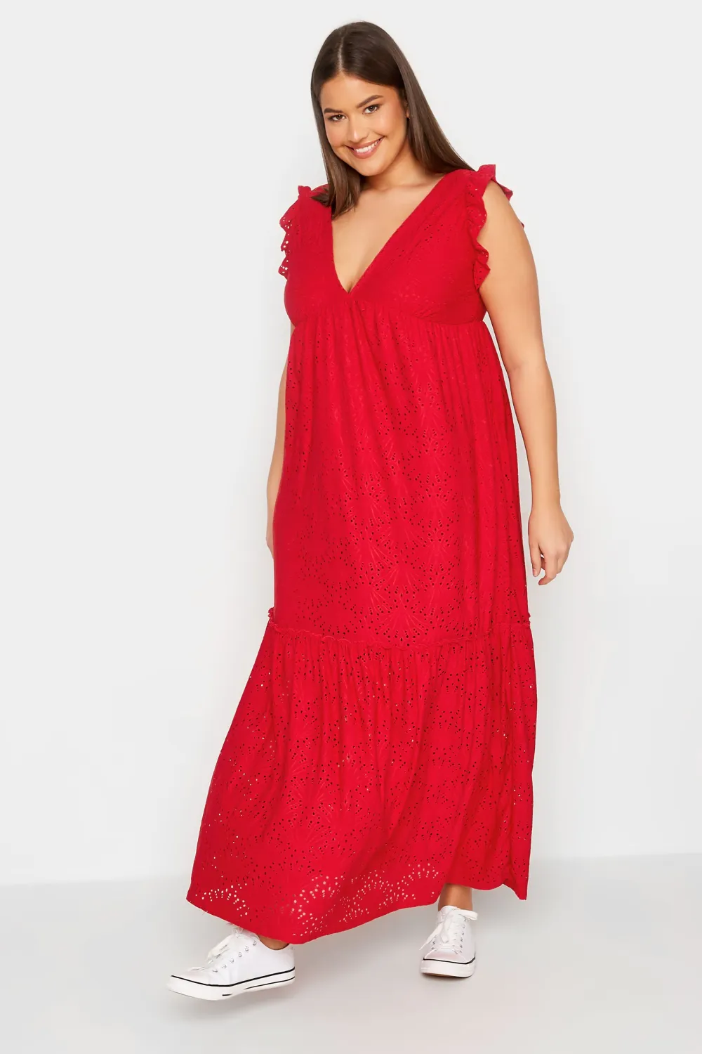 LTS Tall Red Broderie Anglaise Frill Maxi Dress