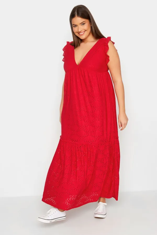 LTS Tall Red Broderie Anglaise Frill Maxi Dress