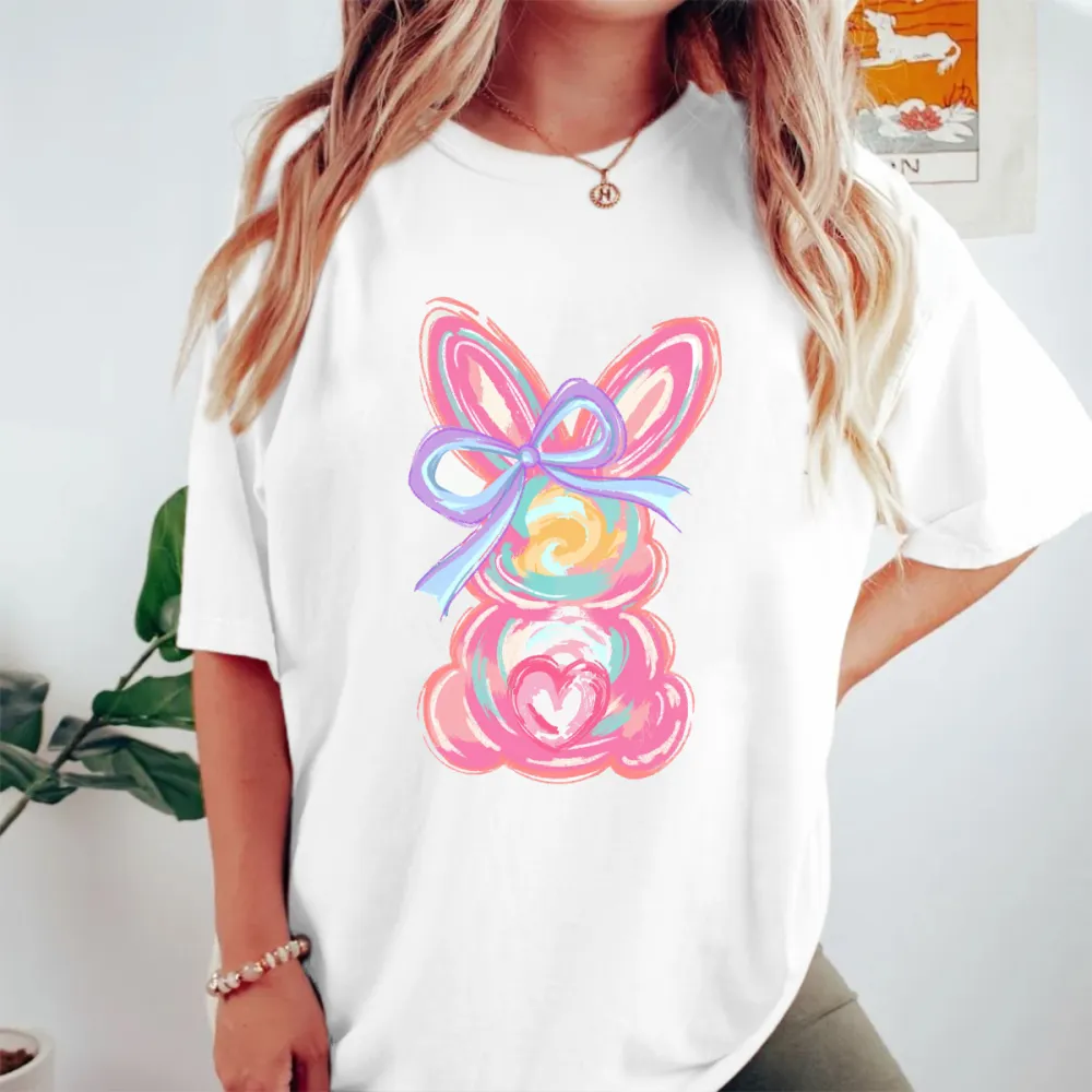 Easter Colorful Bunny Printed Round Neck Short Sleeve T-Shirt