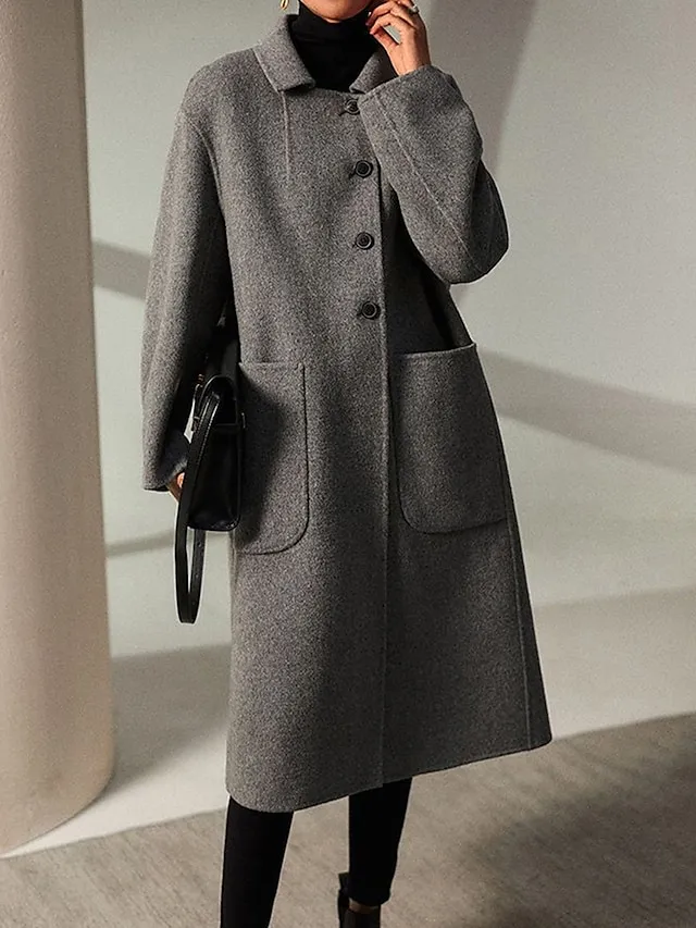 Women's Wool Blend Coat Winter Coat Long Pea Coat Fall Single Breasted Overcoat with Pockets Windproof Warm Trench Coat Casual Jacket Long Sleeve Black Camel Gray