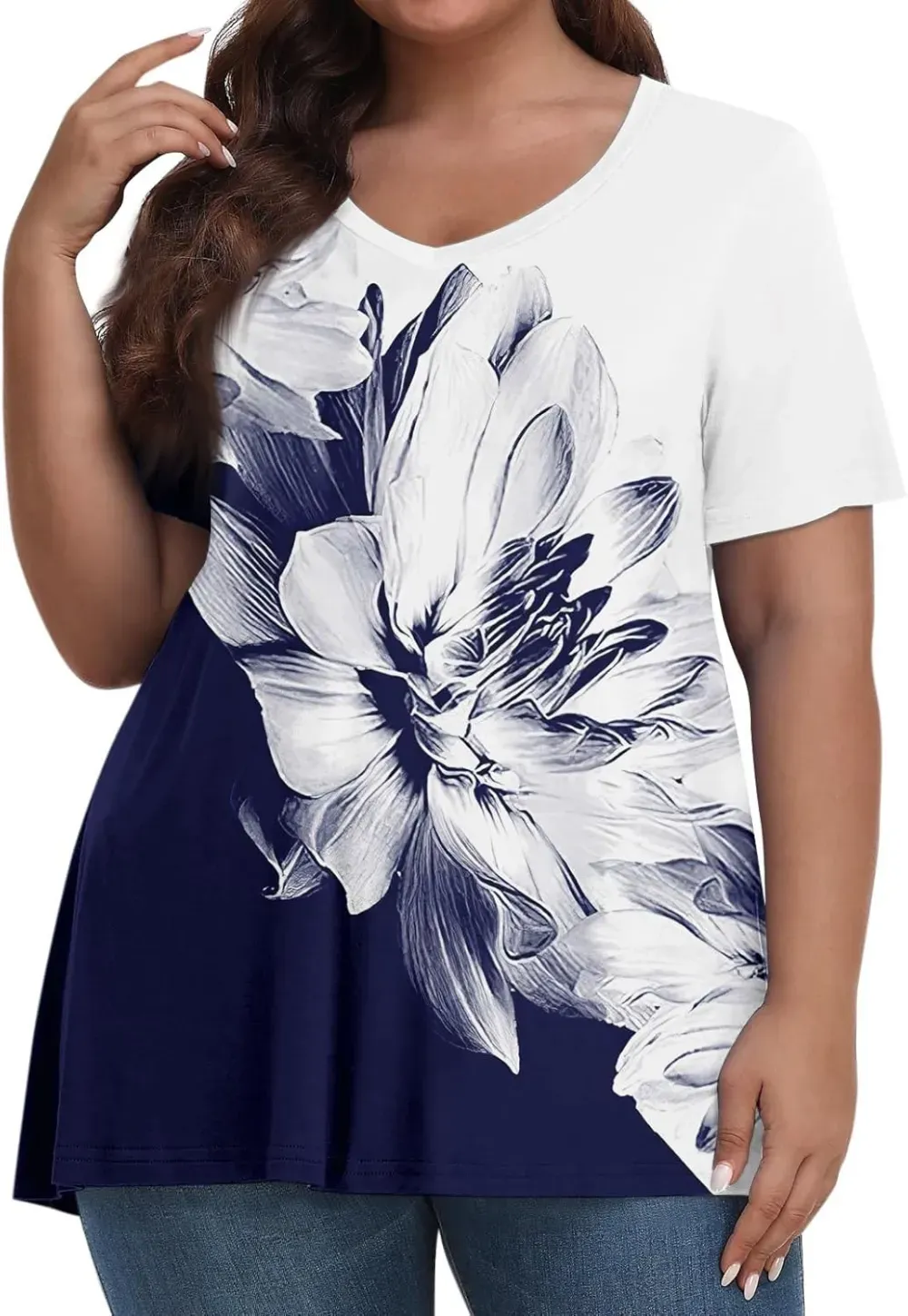 Plus Size Tops for Women Dressy Short Sleeve V Neck Shirts for Women Summer Tops for Women 2024 Floral Print Top