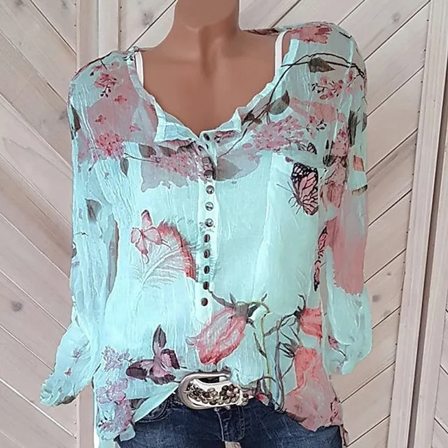 Women's Shirt Blouse Floral White Purple Orange Button Print Long Sleeve Daily Going out Weekend Streetwear Holiday Casual Shirt Collar Regular Fit Summer Spring Fall