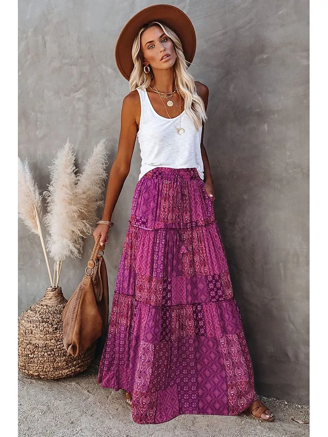 Women's Skirt Swing Long Skirt Maxi Red Blue Purple Orange Skirts Spring & Fall Ruffle Print Fashion coastal grandma style Boho Holiday Casual Daily S M L