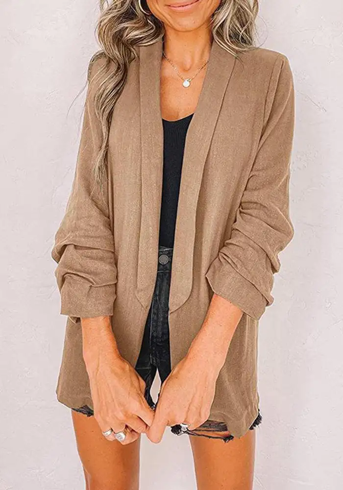 Plain Shawl Collar Ruched Sleeve Blazer