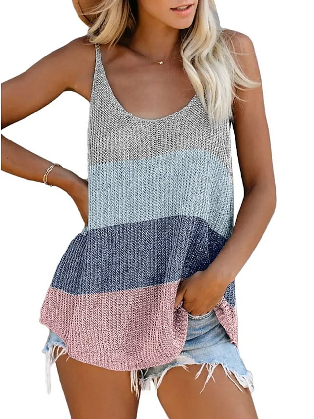 Women's Camisole Tank Top White Pink Blue Color Block Sleeveless Causal Holiday Basic Vacation U Neck Regular Cotton S