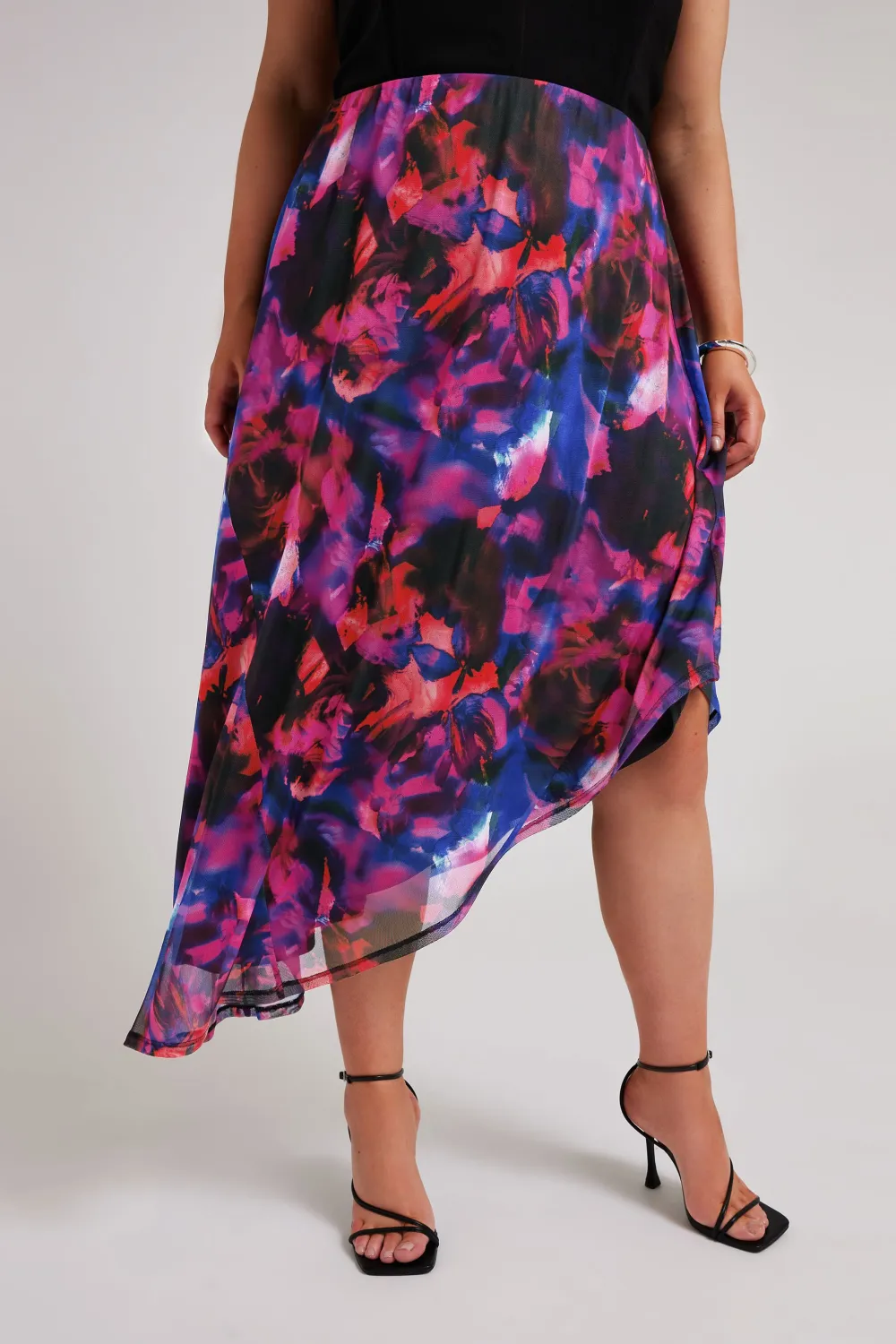 YOURS LONDON Curve Purple Abstract Print Asymmetric Mesh Skirt