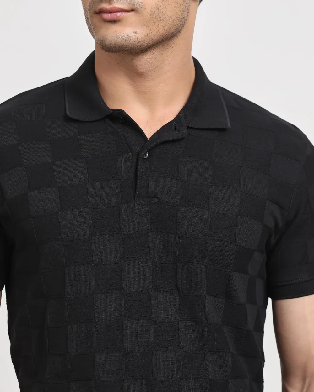 Casual Minimalist Black Plaid Texture Polo Shirt